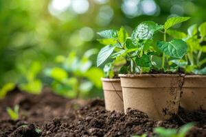 ai generato biodegradabile pentole nutrimento piantine nel un eco-friendly giardinaggio impostare promozione sostenibile agricoltura crescita foto