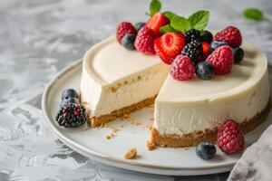 ai generato torta di formaggio con frutti di bosco, dolce con lampone, mirtillo, fragola su un' affettato dolce trattare foto