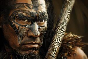 ai generato maori guerriero con tradizionale tribale tatuaggio a partire dal nuovo Zelanda ritrae cultura e eredità foto
