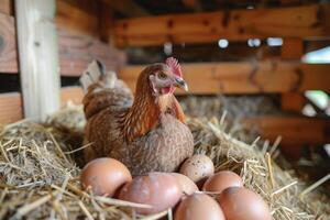 ai generato gallina posa uova nel un' azienda agricola cannuccia nido dentro un' di legno fienile foto