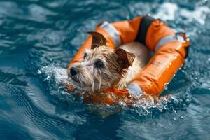 ai generato cane nel acqua indossare arancia galleggiamento dispositivo per sicurezza e nuoto foto
