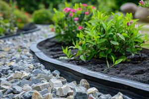 ai generato giardino bordatura con plastica confine tra pietre, impianti, e fiori per paesaggio design foto