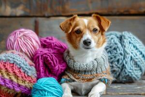 ai generato cane nel un' maglione circondato di maglieria filato e colorato lana dimostrando accogliente mestiere e fatti in casa moda foto