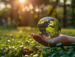 ai generato un' mano culle un' cristallo globo riflettendo il mondo, impostato contro il d'oro leggero di un' ambientazione sole. generativo ai. foto