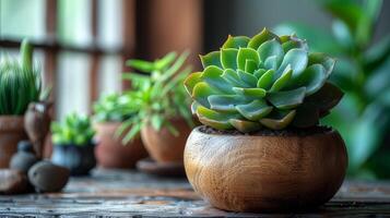 ai generato un' piccolo succulento pianta si siede su il tavolo. completare con in vaso impianti e piccolo le foglie. foto