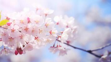 ai generato primavera striscione, ciliegia albero fiorire fiori. sfocato sfondo e copia spazio. romantico primavera soleggiato giorno. ai generativo foto