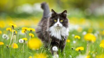 ai generato un' gatto passeggiate attraverso un' prato tratteggiata con denti di leone, godendo il sereno dintorni. foto