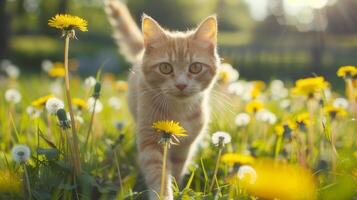 ai generato un' gatto passeggiate attraverso un' prato tratteggiata con denti di leone, godendo il sereno dintorni. foto