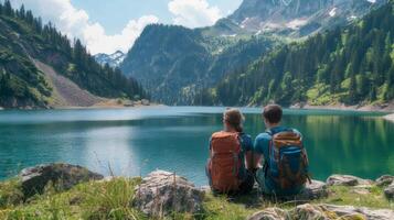 ai generato in viaggio coppia guardare a il lago foto