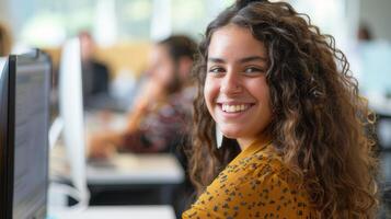 ai generato fiducioso umano risorse lavoratore sorridente felicemente mentre Lavorando foto