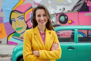 ai generato allegro donna d'affari nel un' giallo blazer trasuda positività, Perfetto per marketing, creativo professionisti, e legato all'arte temi. generativo ai. foto