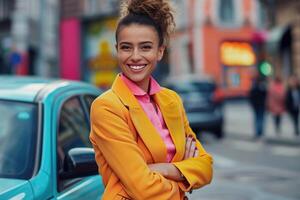 ai generato allegro donna d'affari nel un' giallo blazer trasuda positività, Perfetto per marketing, creativo professionisti, e legato all'arte temi. generativo ai. foto