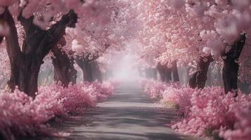 ai generato fioritura rosa fiori lungo alberato strada foto