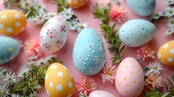 ai generato un' vivace collezione di colorato Pasqua uova e fresco fiori creare un' festivo scena su un' rosa sfondo foto