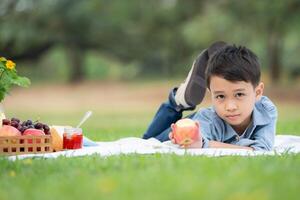 contento famiglia godendo un' picnic nel il parco, con bambini avendo divertimento seduta, circondato di natura foto