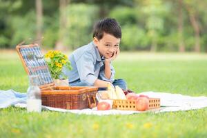 contento famiglia godendo un' picnic nel il parco, con bambini avendo divertimento seduta, circondato di natura foto