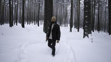 uomo passeggiate con stile nel inverno foresta. media. alla moda tiro di elegante uomo a piedi nel inverno foresta. inverno moda tiro nel foresta foto