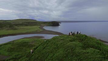 concetto di turismo, gruppo di persone su il collina superiore. clip. aereo Visualizza di verde erba e il mare costa. foto