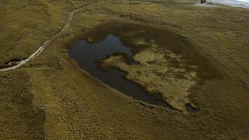 idilliaco campagna paesaggio con minuscolo lago nel secco giallo campo. clip. autunno valle e mare costa. foto