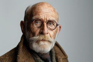 ai generato ritratto di un' anziano uomo nel cappotto e occhiali su un' solido grigio sfondo foto
