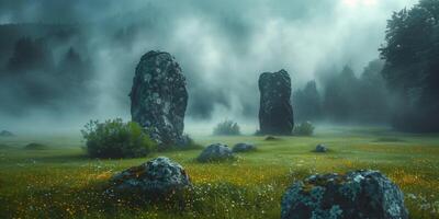 ai generato antico megalitico pietre su un' nebbioso mattina nel un' bellissimo valle foto