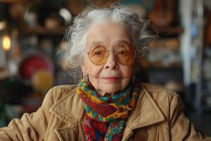ai generato ritratto di un' anziano donna con bicchieri e un' sciarpa su un' sfocato sfondo foto