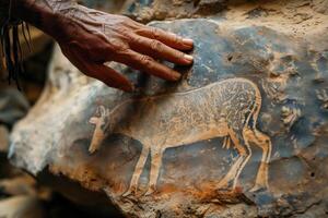 ai generato grotta la pittura, il mano di un indigeno persona tocchi un antico pietra con animali raffigurato su esso foto