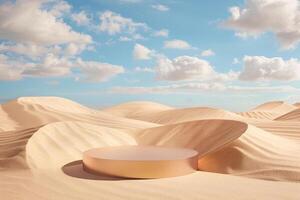 ai generato Prodotto podio presentazione con deserto sabbia dune sfondo foto