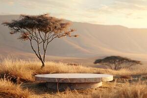 ai generato Prodotto podio presentazione per annuncio pubblicitario con albero e montagna Africa savana sfondo foto
