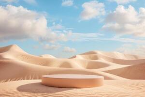 ai generato Prodotto podio presentazione con deserto sabbia dune sfondo foto