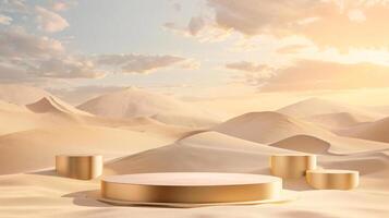 ai generato Prodotto podio presentazione con deserto sabbia dune sfondo foto