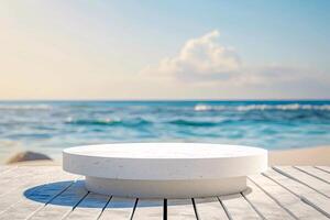 ai generato Prodotto podio Schermo con bellissimo sabbia spiaggia luce del giorno tempo per annuncio pubblicitario ai generato foto