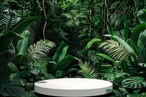 ai generato circolare Prodotto podio presentazione con giungla tropicale impianti sfondo foto