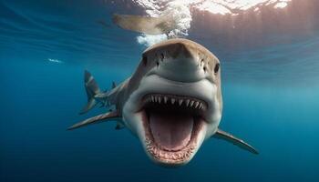 ai generato aggressivo squalo attaccare subacqueo foto