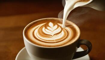 ai generato tazza di caffè con latte macchiato arte su di legno tavolo, Vintage ▾ tono. versando latte. foto