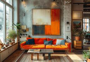 ai generato moderno interno design di vivente camera con elegante arancia divano design caffè tavolo industriale elementi e personale Accessori nel soffitta stile appartamento. foto
