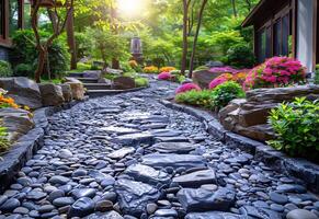 ai generato il pietra sentiero è nel il Cinese stile giardino foto