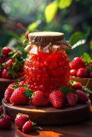 ai generato vaso di rosso ribes gelatina con fresco frutti di bosco su di legno tavolo nel il giardino foto