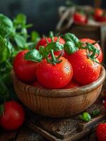 ai generato fresco pomodori nel di legno ciotola foto