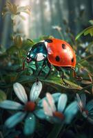 ai generato coccinella a piedi su foglia nel estate foresta foto