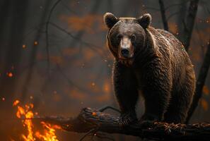 ai generato selvaggio Marrone orso in piedi su albero nel il foresta con fuoco e Fumo su il sfondo foto