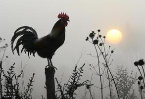 ai generato Gallo canto a alba su nebbioso mattina foto