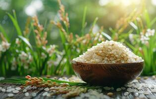 ai generato crudo biologico crudo bianca riso nel di legno ciotola con verde riso pianta su di legno tavolo nel giardino foto
