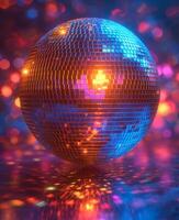 ai generato mirrorball. brillante discoteca palla su il pavimento con colorato riflessi foto