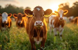 ai generato un' gruppo di Marrone e bianca mucche pascolare nel il campo. mucche in piedi nel campo a tramonto foto