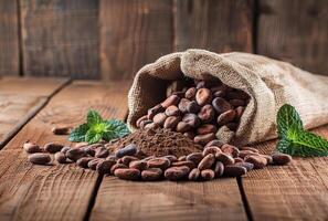 ai generato cacao fagioli nel Borsa su Marrone di legno sfondo foto