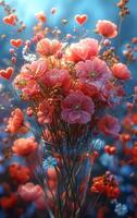 ai generato rosso papaveri e margherite nel vaso floreale sfondo. mazzo di cuori e fiori con cuori foto