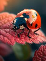 ai generato coccinella su rosso foglia. un' bellissimo signora insetto nel il giardino foto