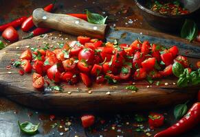 ai generato fresco tritato pomodori e erbe aromatiche su di legno taglio tavola foto