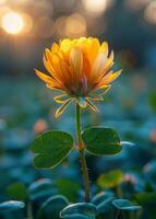 ai generato giallo loto fiore e verde le foglie nel il stagno con luce del sole sfondo foto
